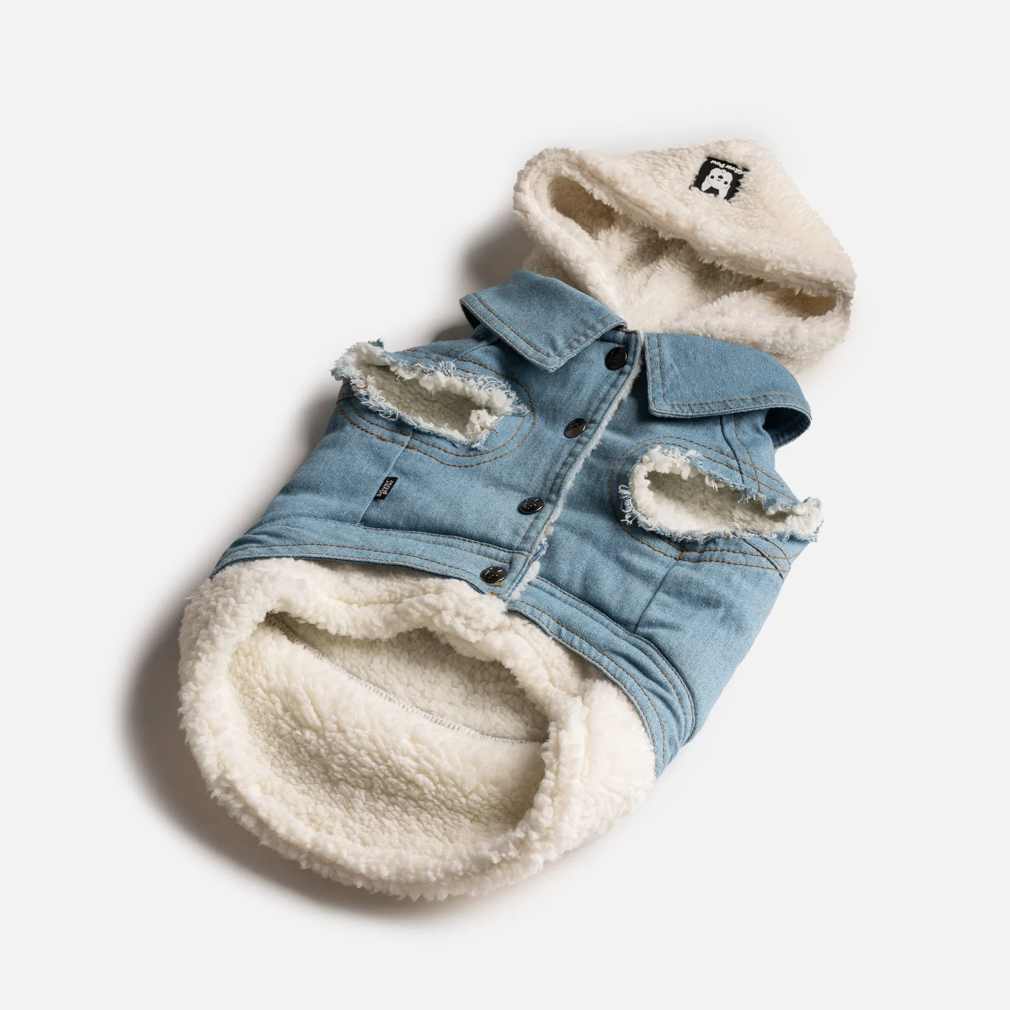 👖 Justin Denim Dog Jacket – Distressed Jean Jacket with Sherpa Lining & Hood