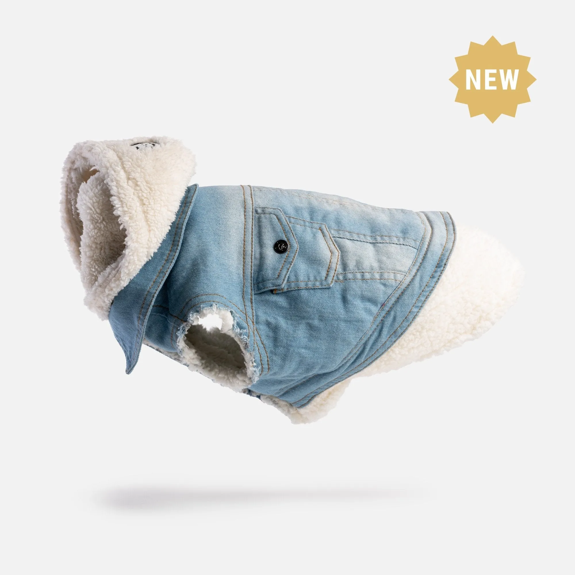 👖 Justin Denim Dog Jacket – Distressed Jean Jacket with Sherpa Lining & Hood