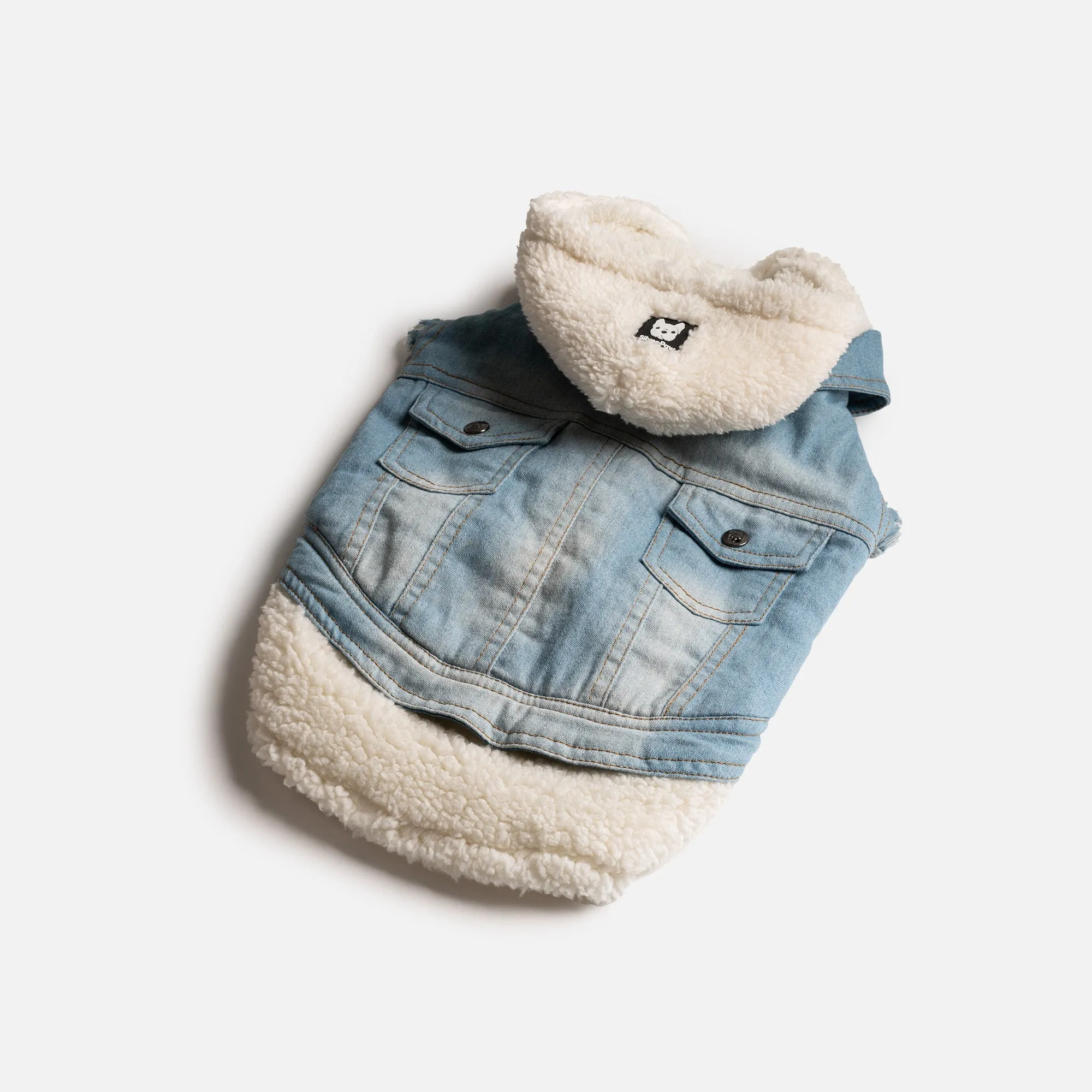 👖 Justin Denim Dog Jacket – Distressed Jean Jacket with Sherpa Lining & Hood