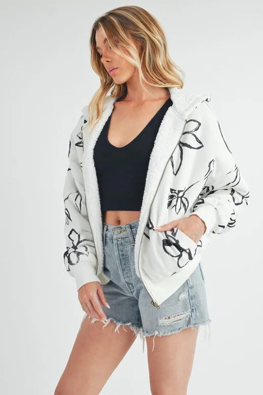 Aemi   Co Flower Print Zip Up Sherpa Hoodie