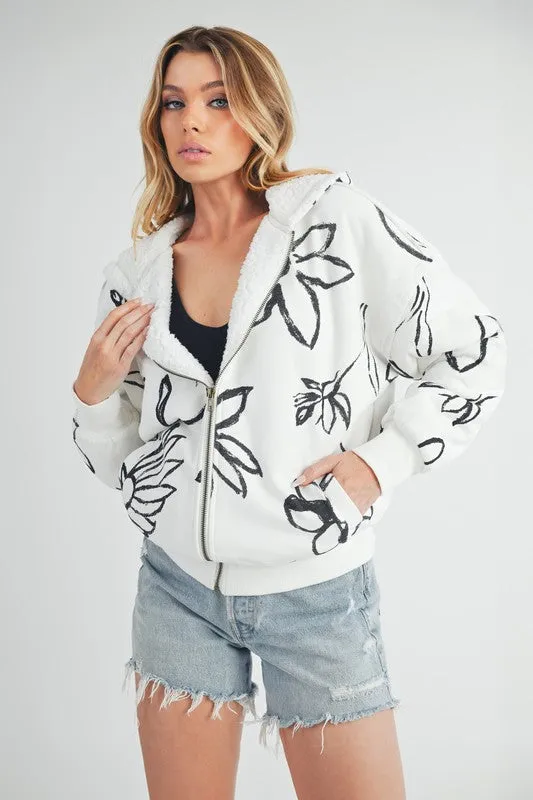 Aemi   Co Flower Print Zip Up Sherpa Hoodie