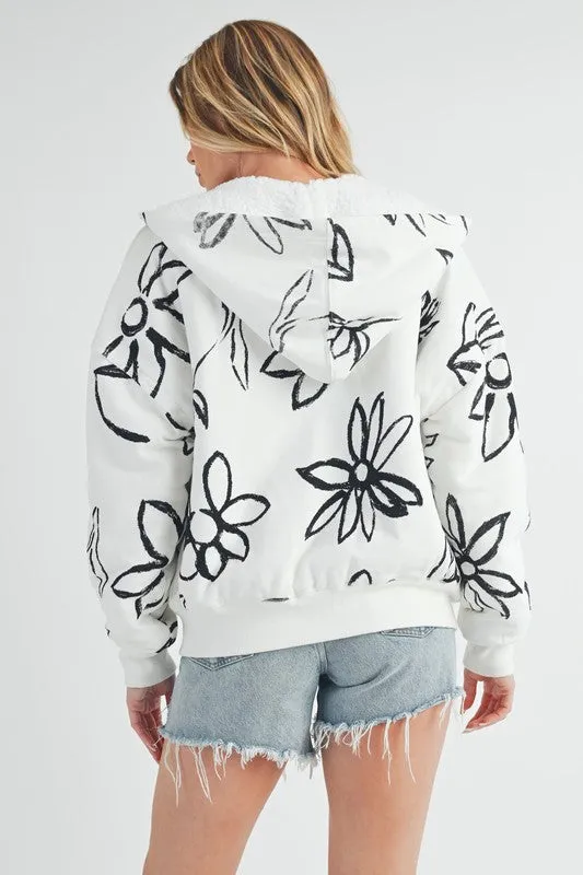 Aemi   Co Flower Print Zip Up Sherpa Hoodie