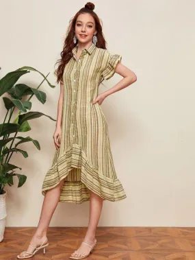 Asymmetrical Ruffle Hem Striped Shirt Dress