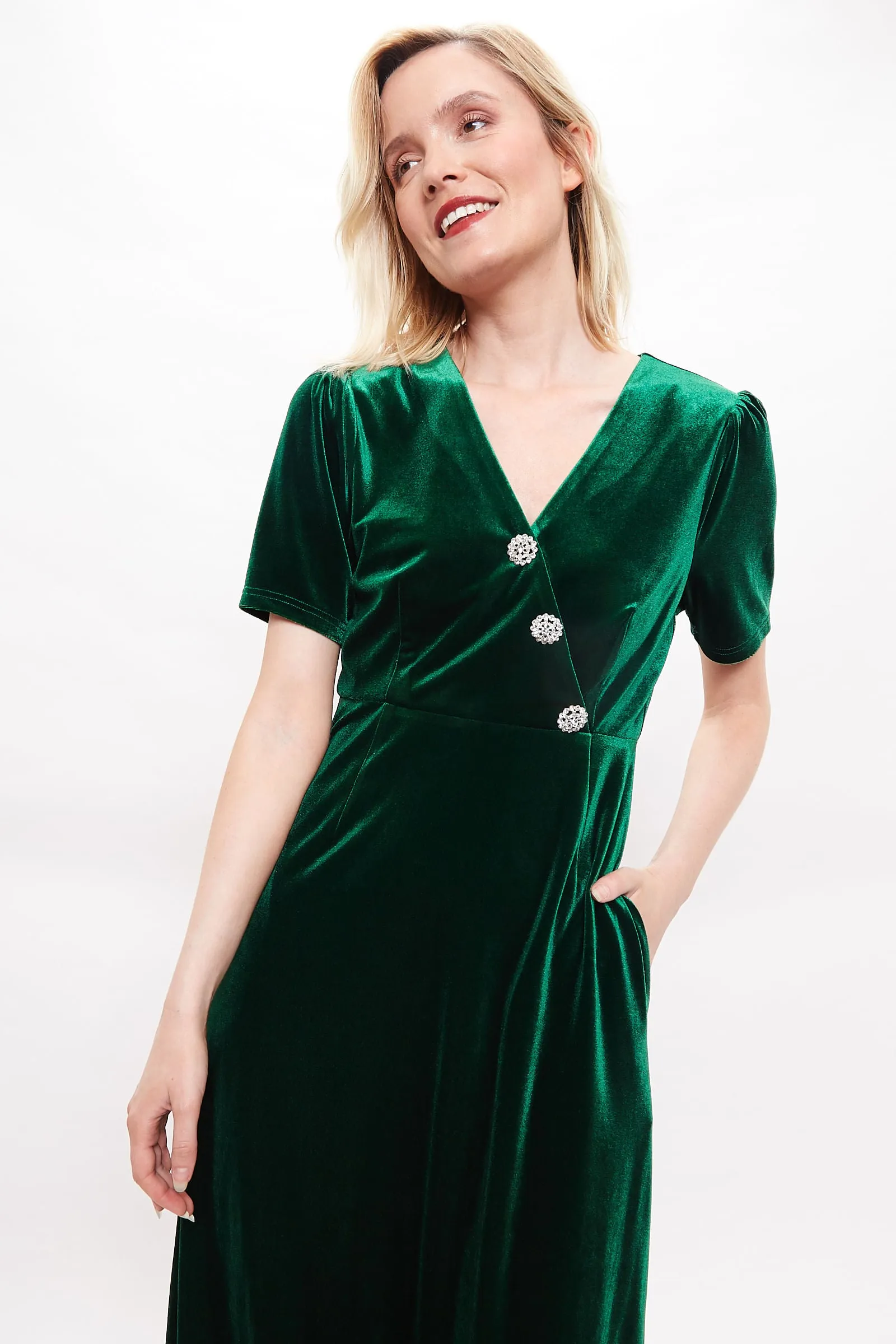 Avi Velvet Diamante Button Midi Dress - Green