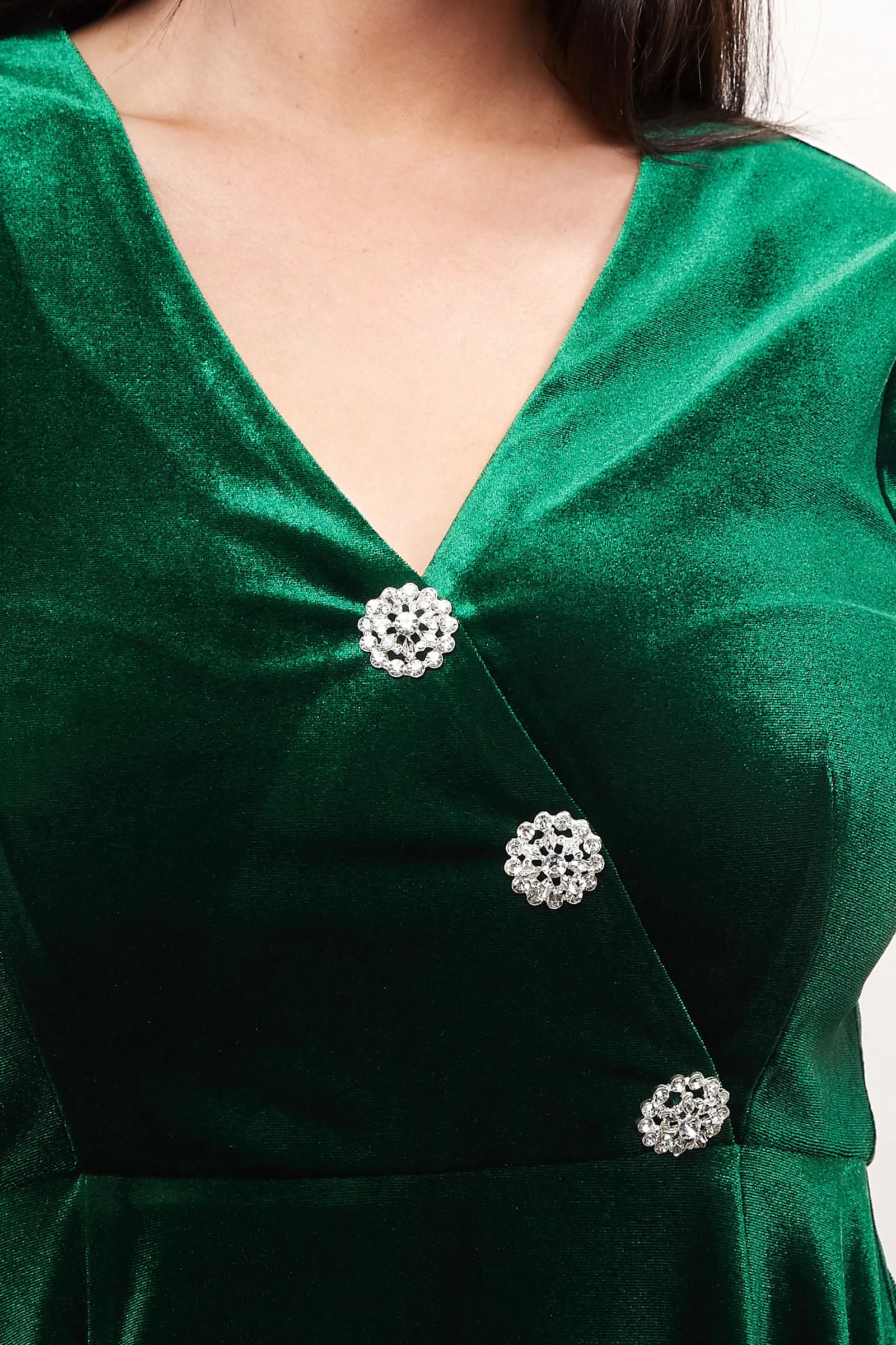 Avi Velvet Diamante Button Midi Dress - Green