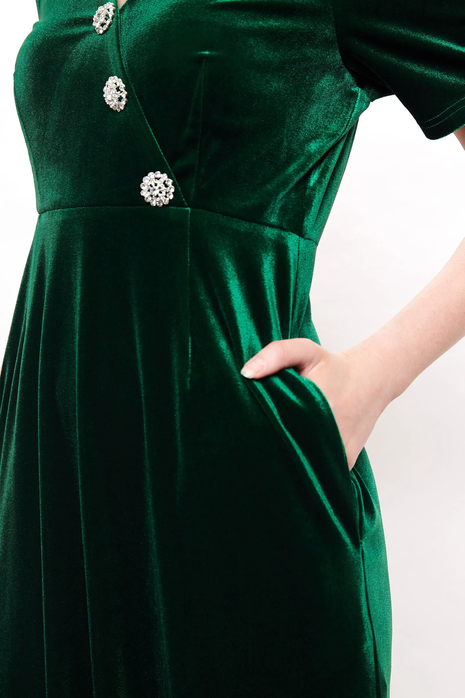 Avi Velvet Diamante Button Midi Dress - Green