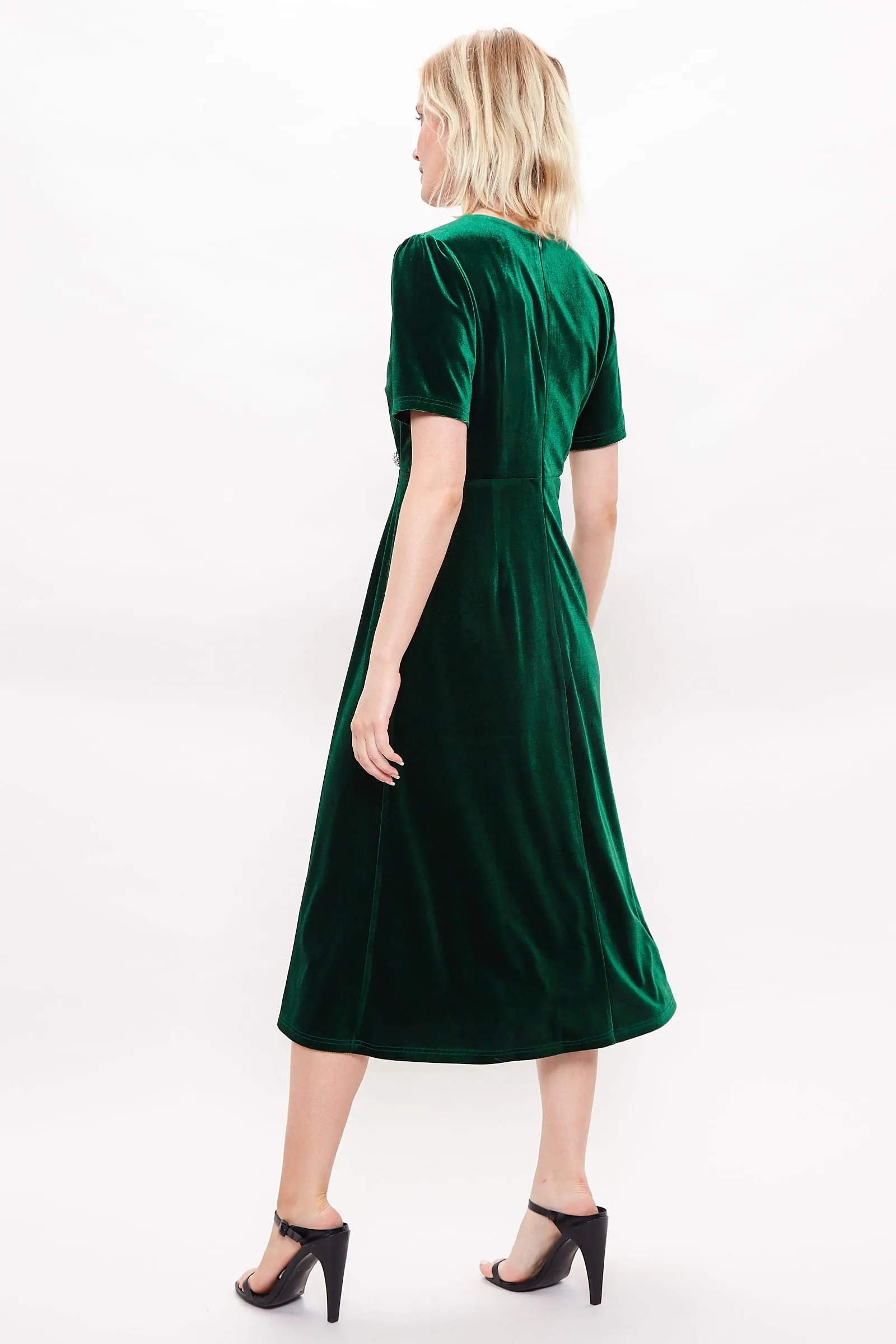 Avi Velvet Diamante Button Midi Dress - Green