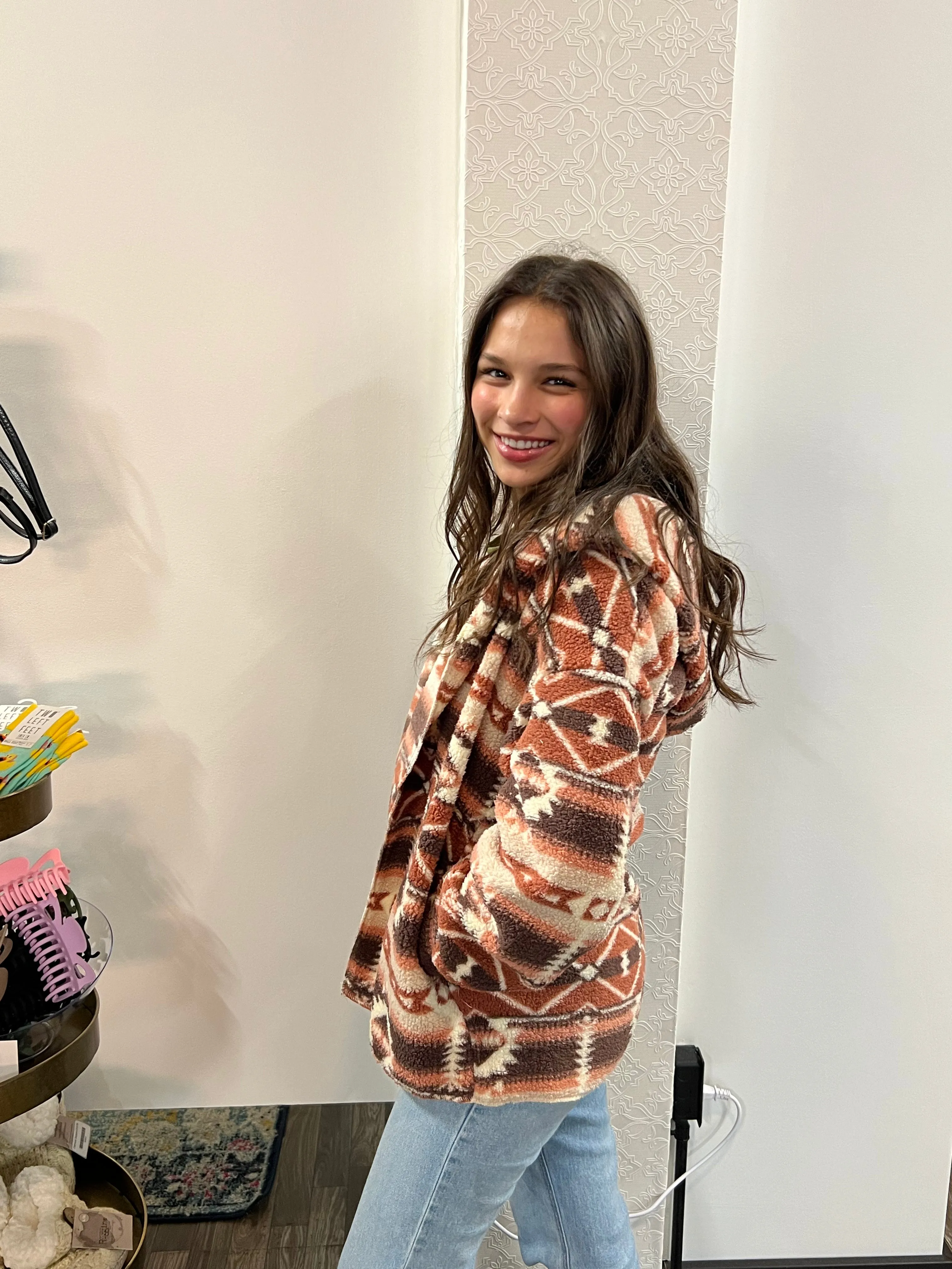 Aztec Tribal Print Hooded Oversize Fleece Jacket
