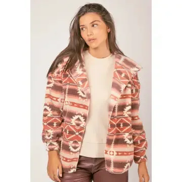 Aztec Tribal Print Hooded Oversize Fleece Jacket