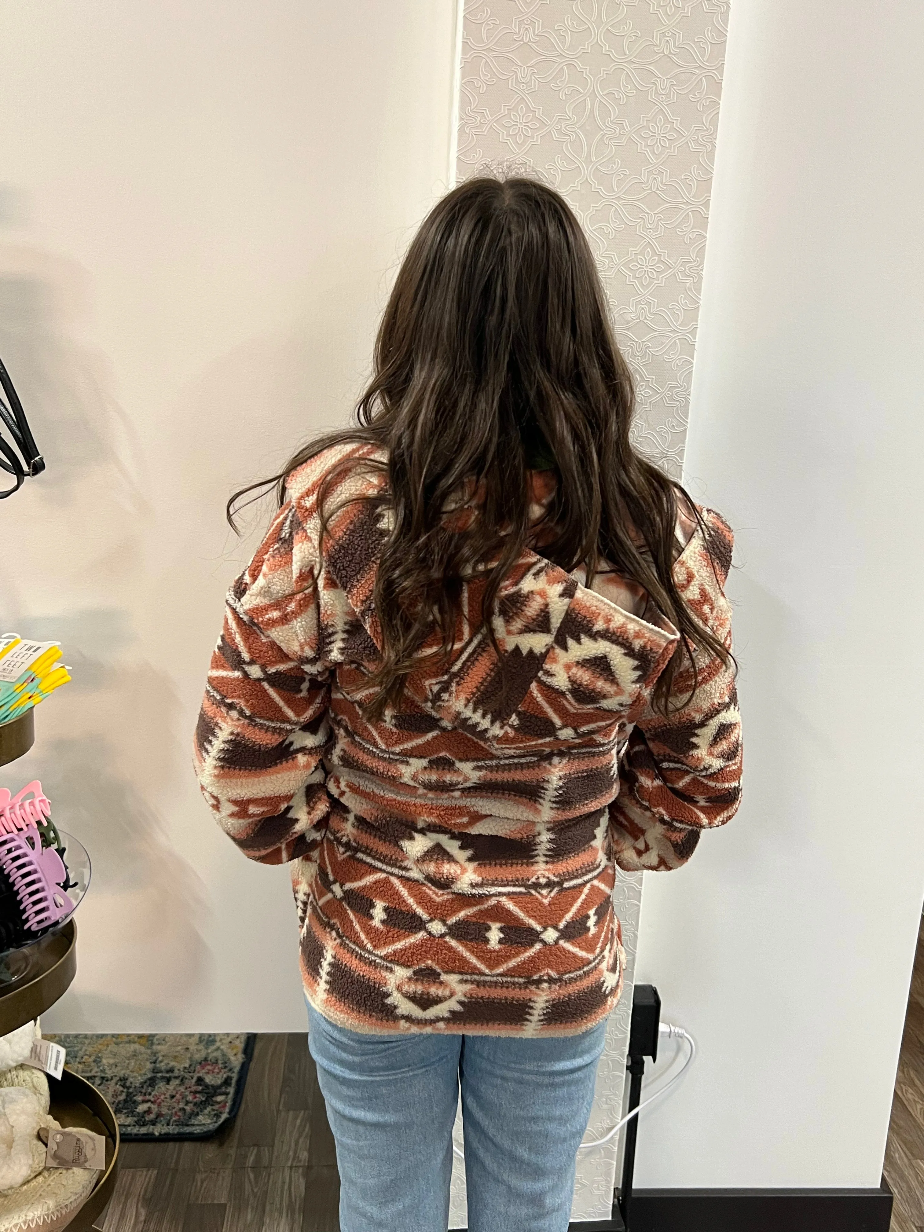 Aztec Tribal Print Hooded Oversize Fleece Jacket