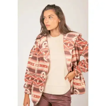Aztec Tribal Print Hooded Oversize Fleece Jacket