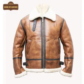B023 Men's Fashion Fur Shearling Brown Bomber Winter Warm Real Leather Jacket