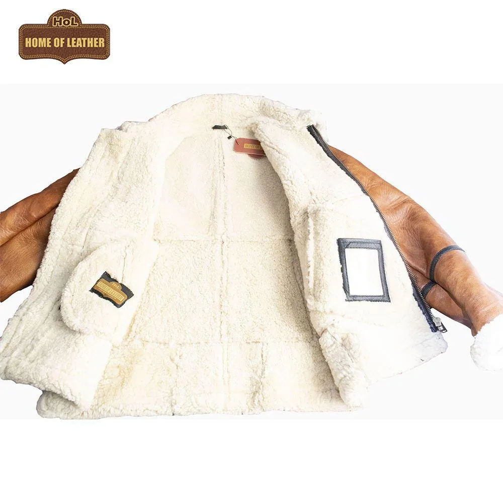 B023 Men's Fashion Fur Shearling Brown Bomber Winter Warm Real Leather Jacket