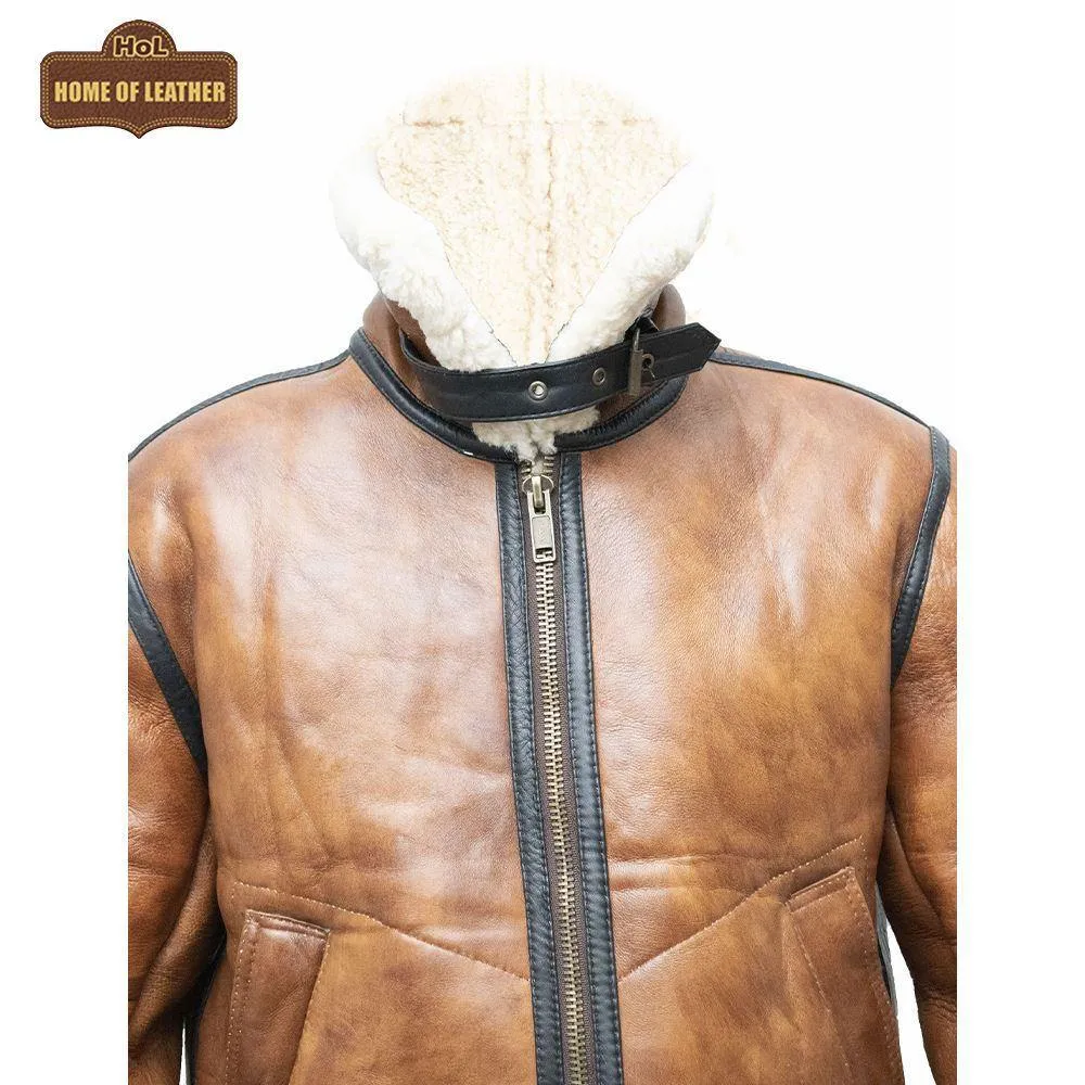 B023 Men's Fashion Fur Shearling Brown Bomber Winter Warm Real Leather Jacket