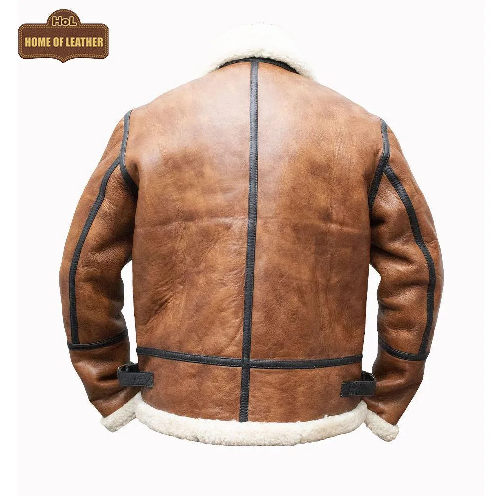 B023 Men's Fashion Fur Shearling Brown Bomber Winter Warm Real Leather Jacket