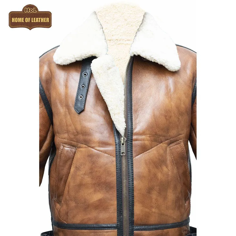 B023 Men's Fashion Fur Shearling Brown Bomber Winter Warm Real Leather Jacket