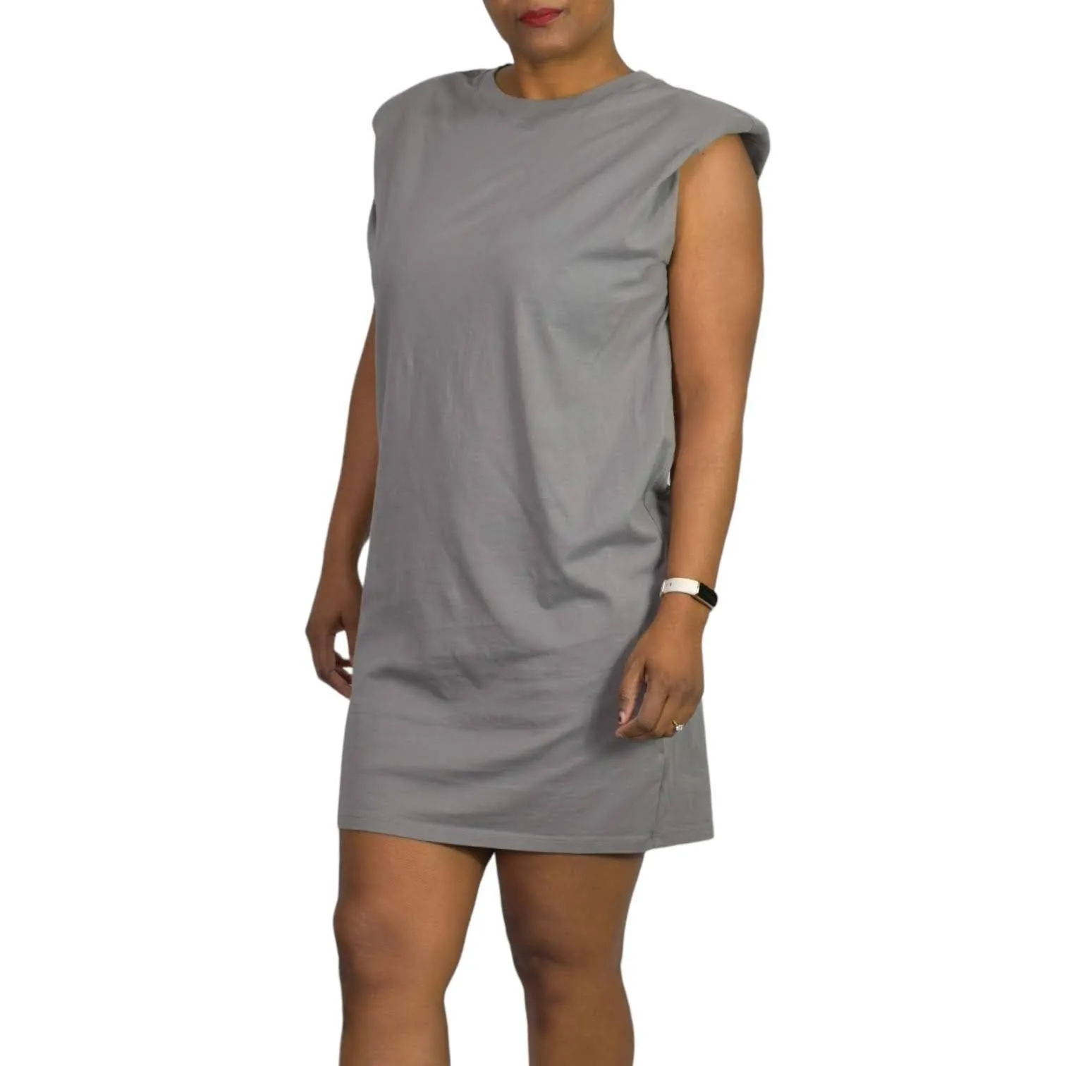 Babaton Shoulder Pad Dress Pewter Grey Crew Neck Mini Boxy Waif T-Shirt Size XXS