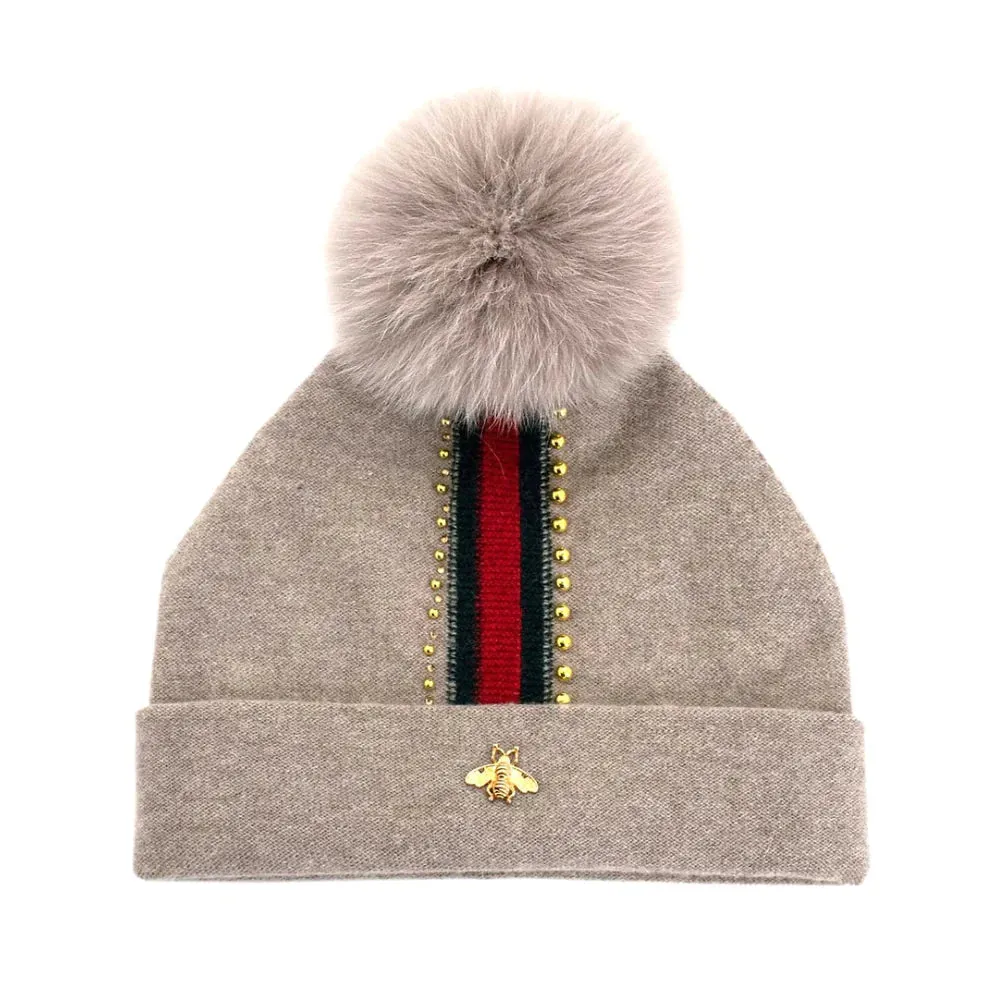 Beige Hat with Bee on Cuff