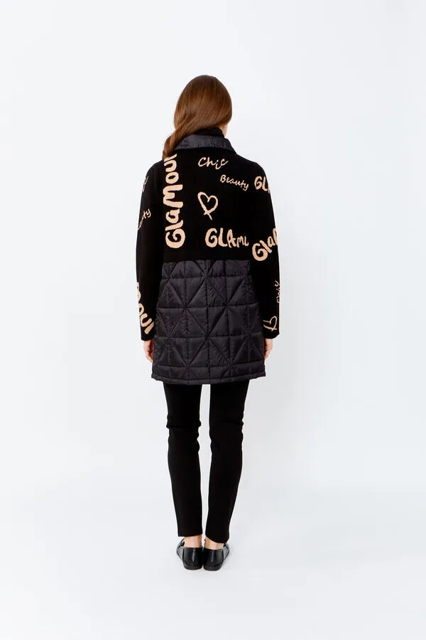 Black & Beige Graffiti Print Puffer Jacket Style 243484
