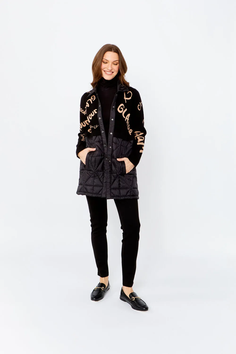 Black & Beige Graffiti Print Puffer Jacket Style 243484