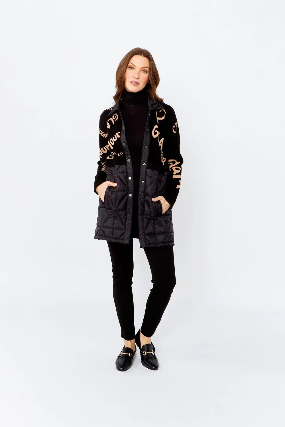 Black & Beige Graffiti Print Puffer Jacket Style 243484