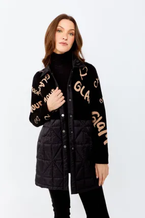 Black & Beige Graffiti Print Puffer Jacket Style 243484
