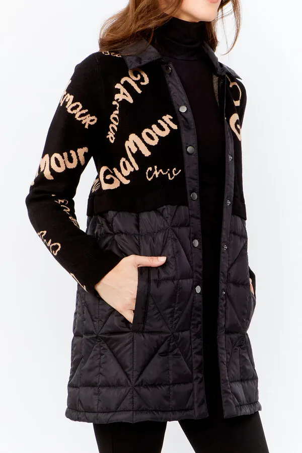 Black & Beige Graffiti Print Puffer Jacket Style 243484