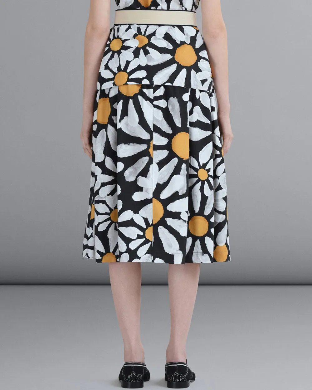 Black Daisy Print Flare Midi Skirt