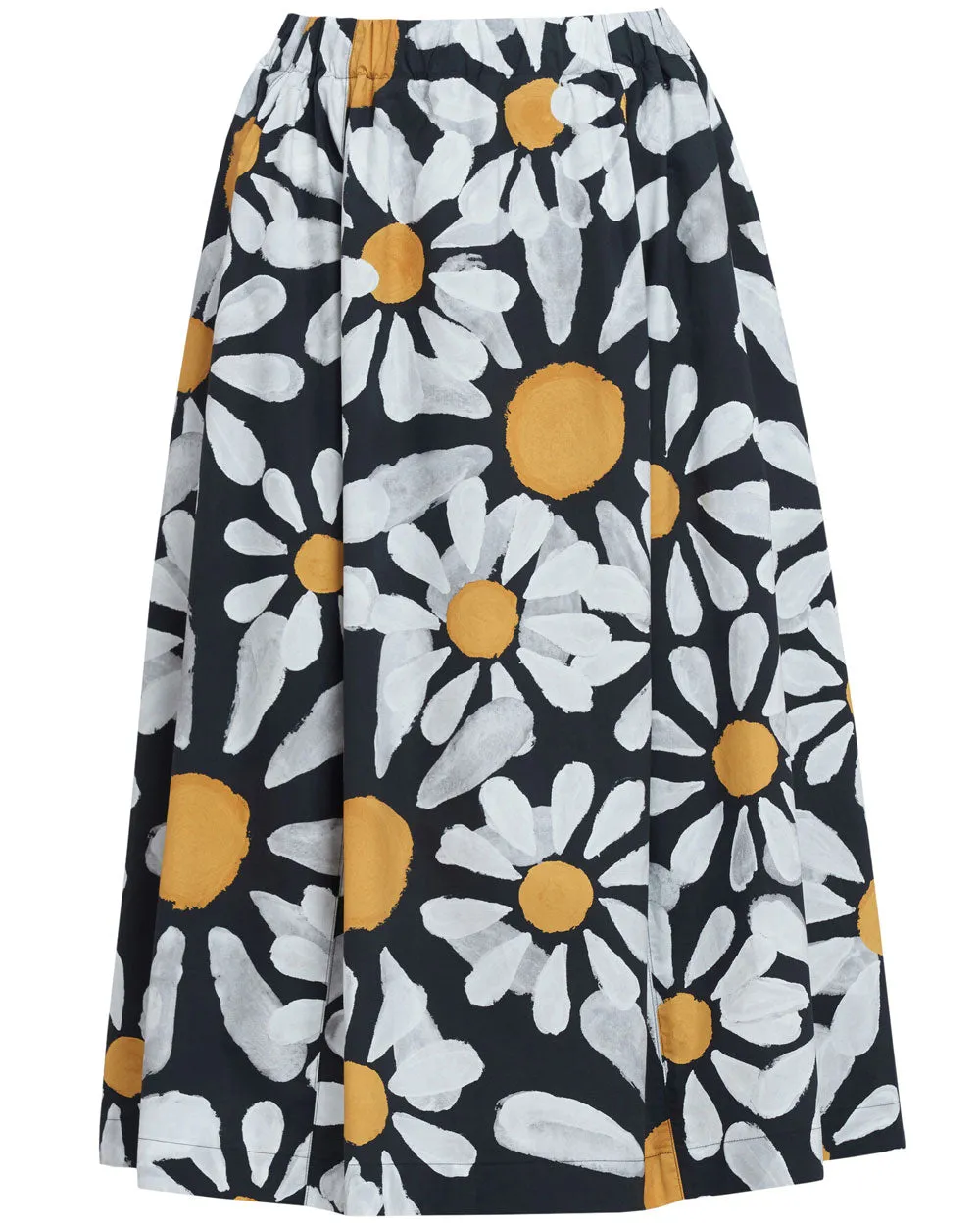 Black Daisy Print Flare Midi Skirt