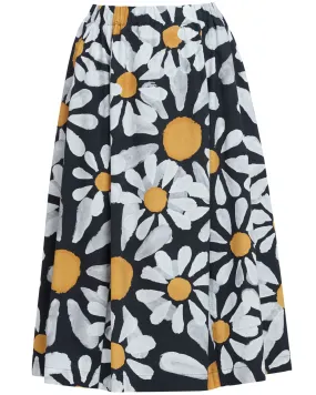 Black Daisy Print Flare Midi Skirt