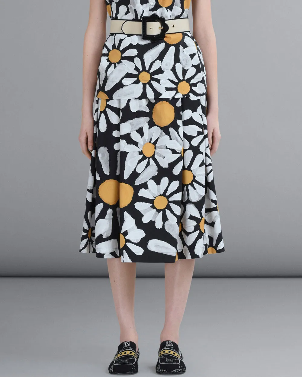 Black Daisy Print Flare Midi Skirt
