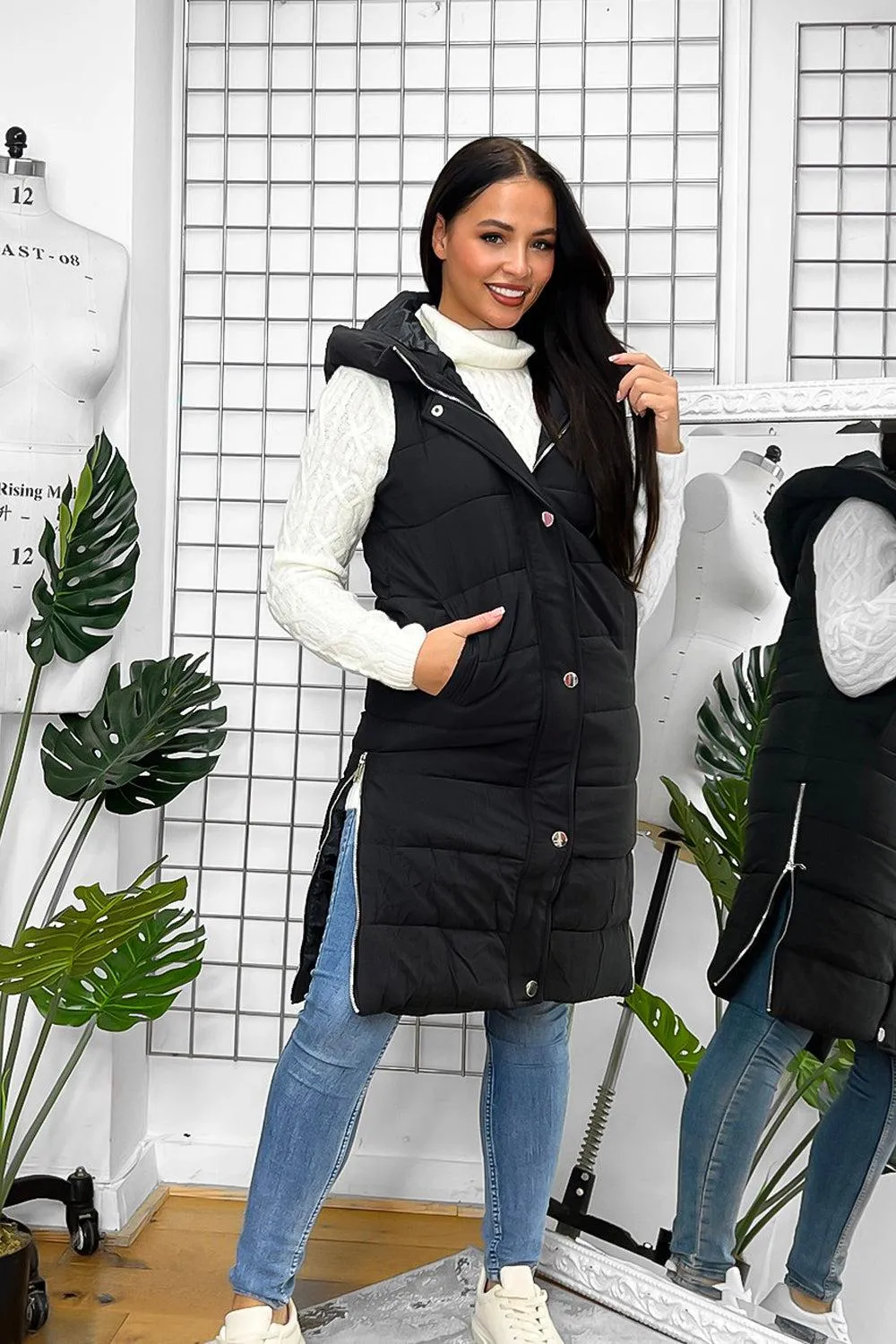BLACK HOODED ZIPPED SIDES LONG GILET