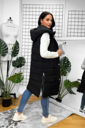 BLACK HOODED ZIPPED SIDES LONG GILET