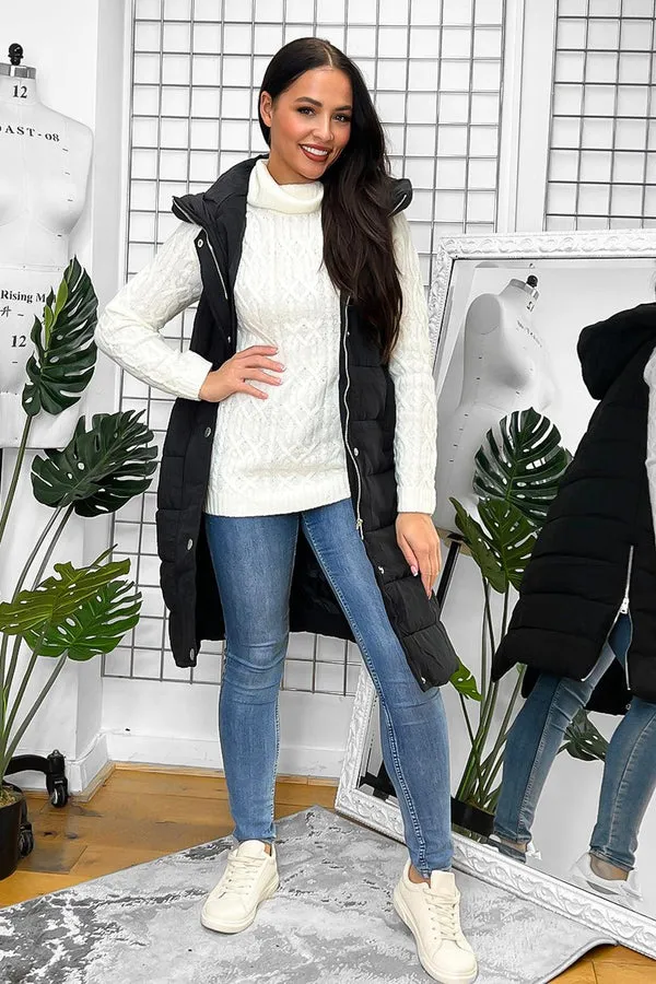 BLACK HOODED ZIPPED SIDES LONG GILET