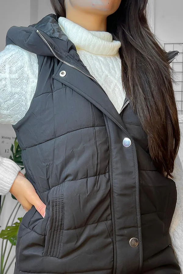 BLACK HOODED ZIPPED SIDES LONG GILET
