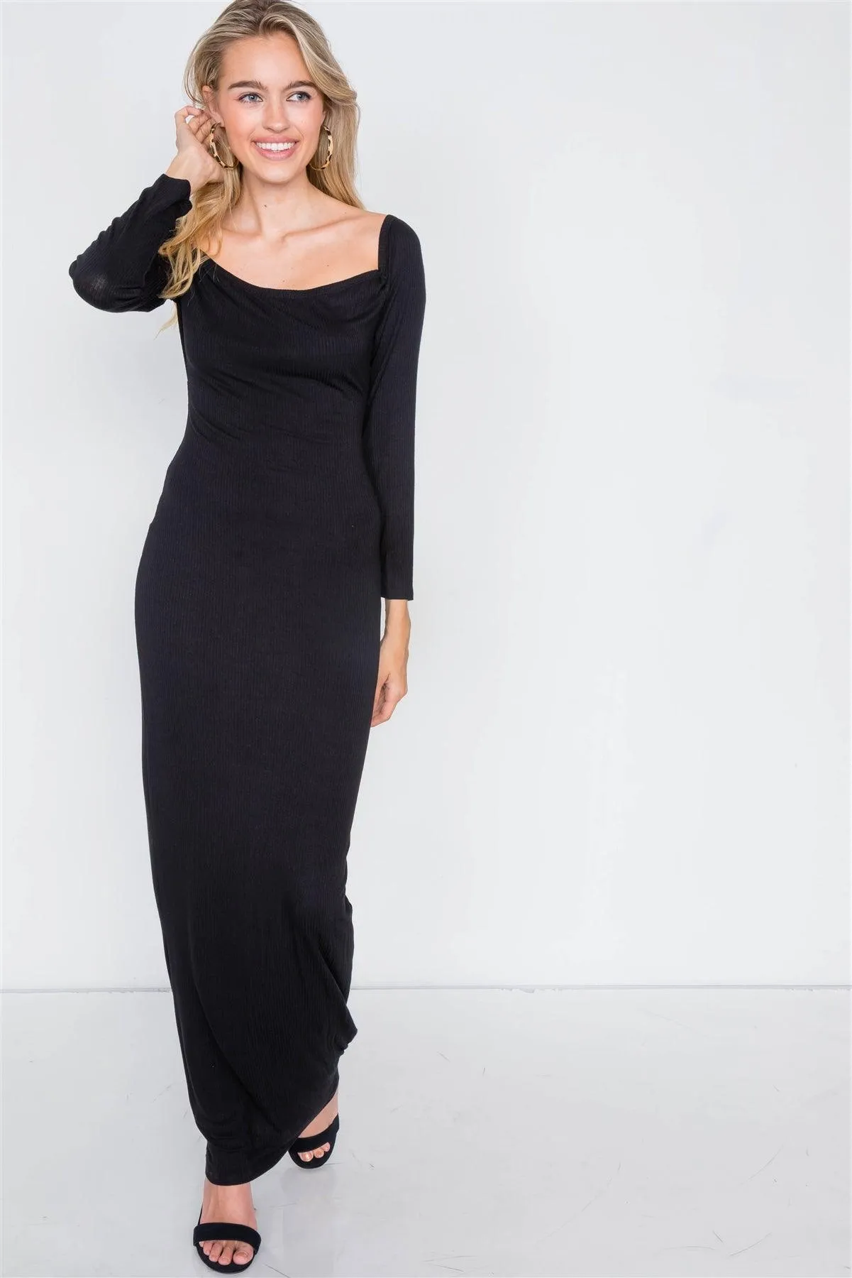 Black Open-Back Ribbed Black Maxi Dress