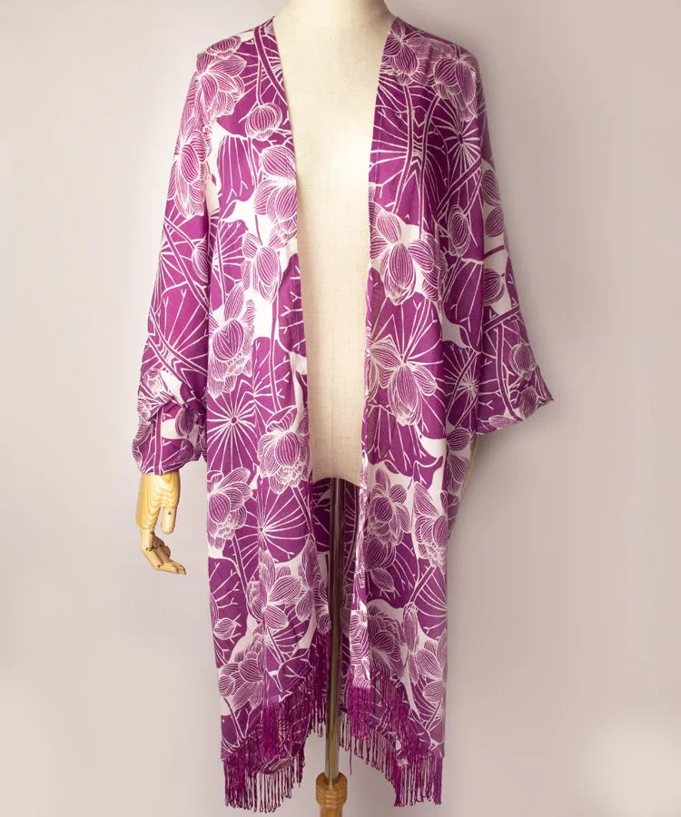 Blue Lotus Fringe Boho Kimono Cardigan
