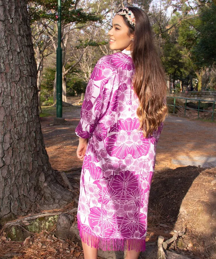 Blue Lotus Fringe Boho Kimono Cardigan