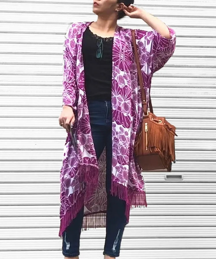 Blue Lotus Fringe Boho Kimono Cardigan