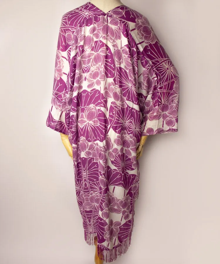 Blue Lotus Fringe Boho Kimono Cardigan