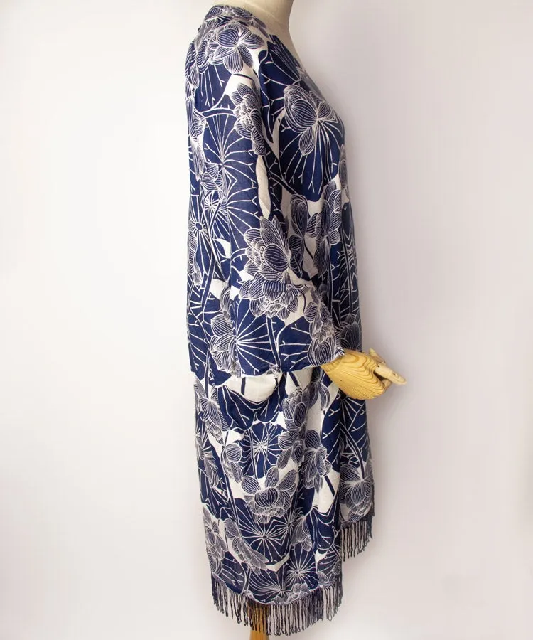 Blue Lotus Fringe Boho Kimono Cardigan
