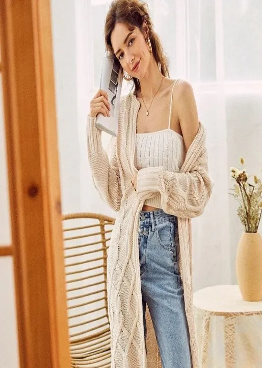 Boho Long Cardigan with relief, closed cuffs, powder pink