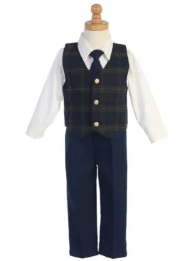 Boys Green Plaid Vest 4-Piece Holiday Set - C565G