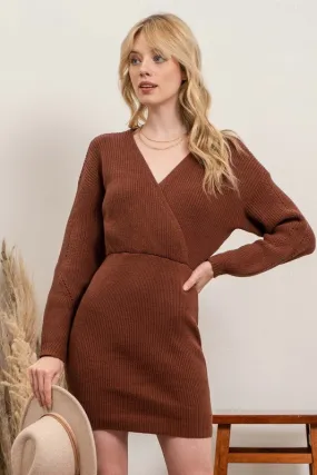 Brown V-neck Sweater Lng Slv Dress