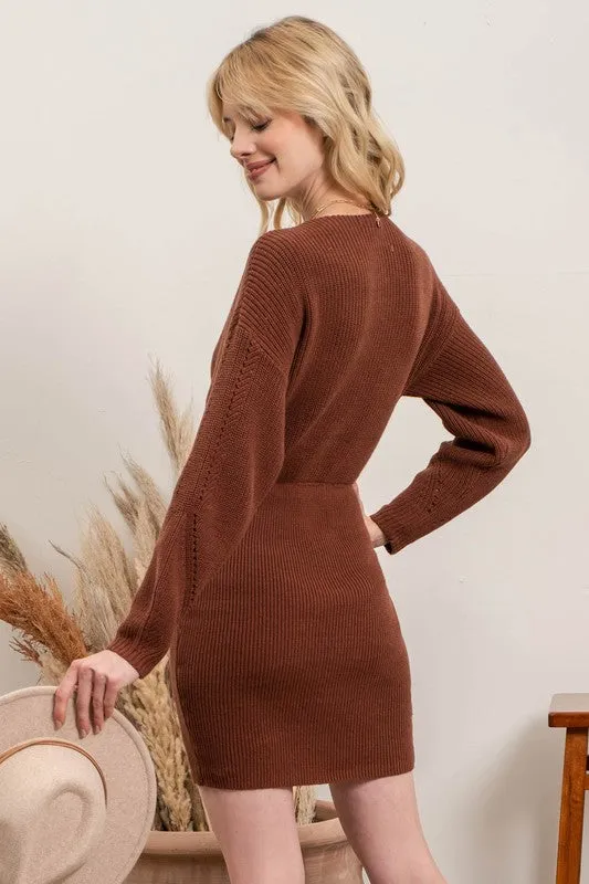 Brown V-neck Sweater Lng Slv Dress