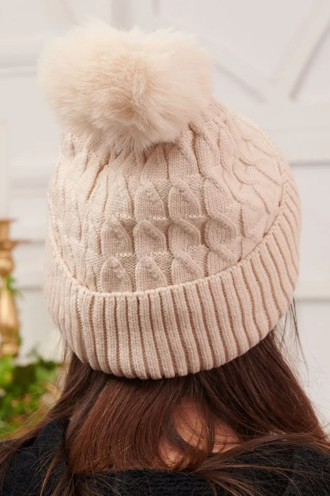 Cable Knit Pattern Pom Pom Knit Beanie Hat