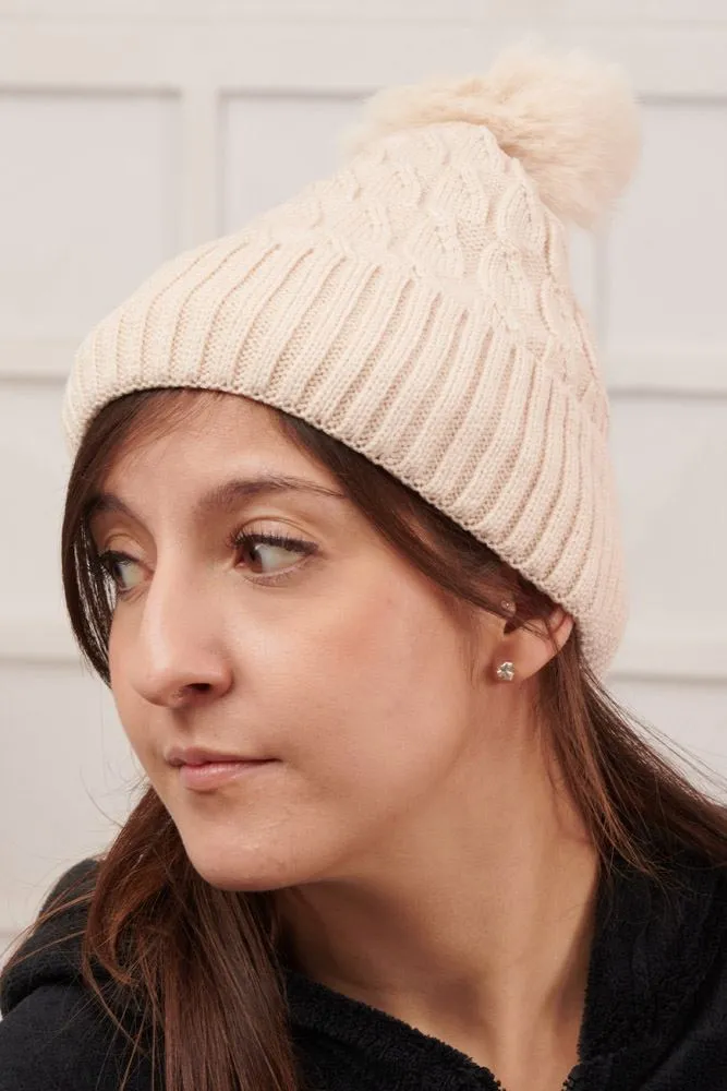 Cable Knit Pattern Pom Pom Knit Beanie Hat