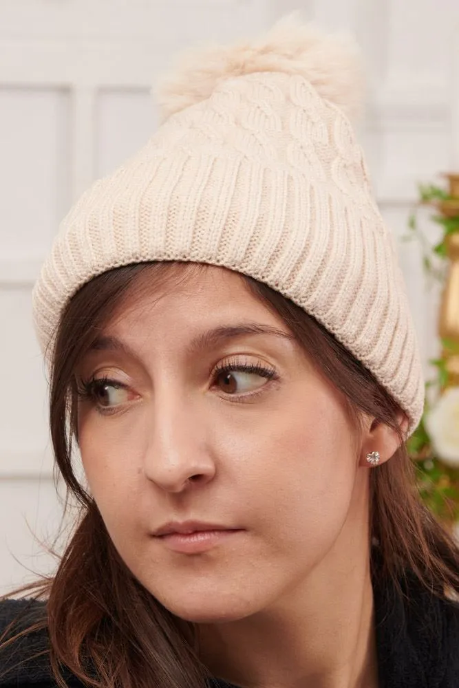 Cable Knit Pattern Pom Pom Knit Beanie Hat