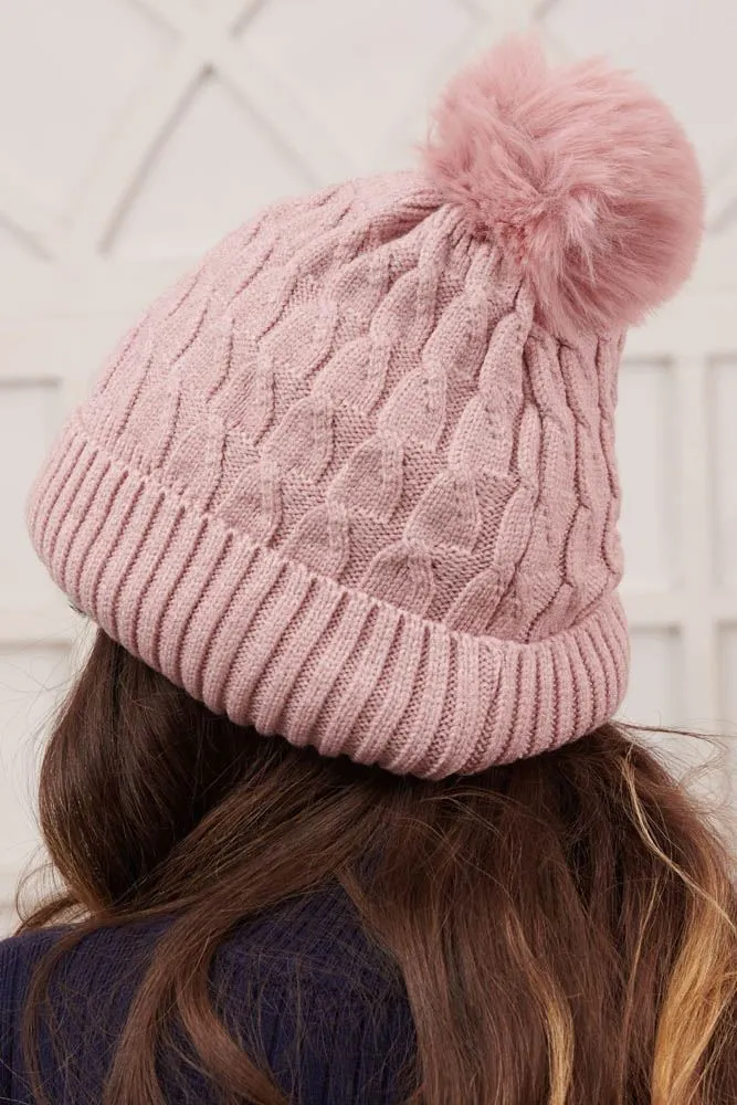 Cable Knit Pattern Pom Pom Knit Beanie Hat
