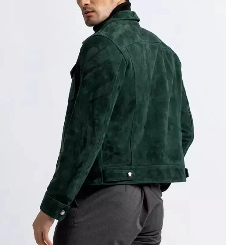 Carry Green Leather Suede Jacket Men Biker Motorcycle